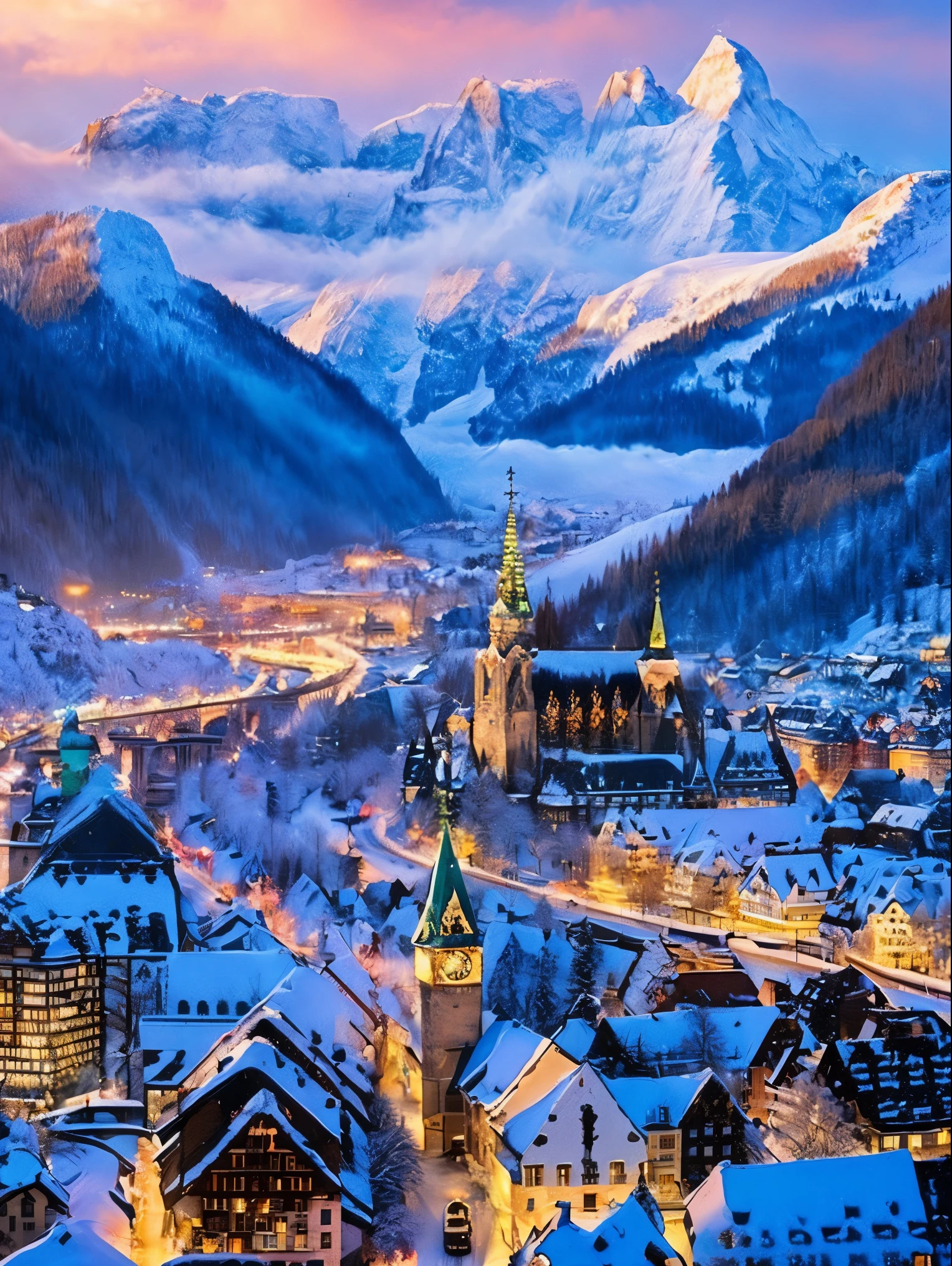 Snowy German cityscape Pure white Light shining through Sparkling mountains High resolution