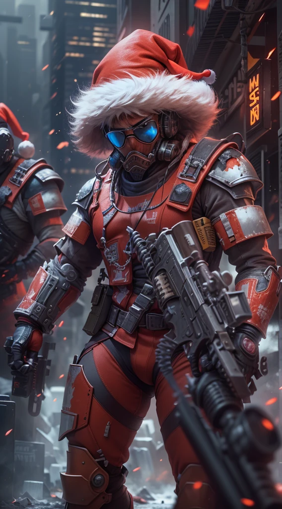 Warhammer 40K universe，santa claus，Mechanical suit of red and gold armor，sparkly red color sunglasses，Intense war-like environment，Destroyed buildings and flames，The background is a futuristic cityscape，Santa hat，severe and threatening atmosphere，Sci-fi cyberpunk aesthetics，High contrast and desaturated tones，Dramatic and dynamic lighting effec quality,4k,highres,masterpiece:1.2),ultra-detailed,(realistic,photorealistic,photo-realistic:1.37)