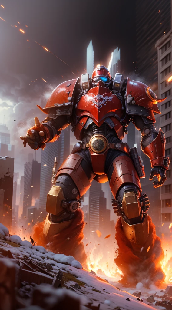 Warhammer 40K universe，santa claus，Mechanical suit of red and gold armor，sparkly red color sunglasses，Intense war-like environment，Destroyed buildings and flames，The background is a futuristic cityscape，Santa hat，severe and threatening atmosphere，Sci-fi cyberpunk aesthetics，High contrast and desaturated tones，Dramatic and dynamic lighting effec quality,4k,highres,masterpiece:1.2),ultra-detailed,(realistic,photorealistic,photo-realistic:1.37)