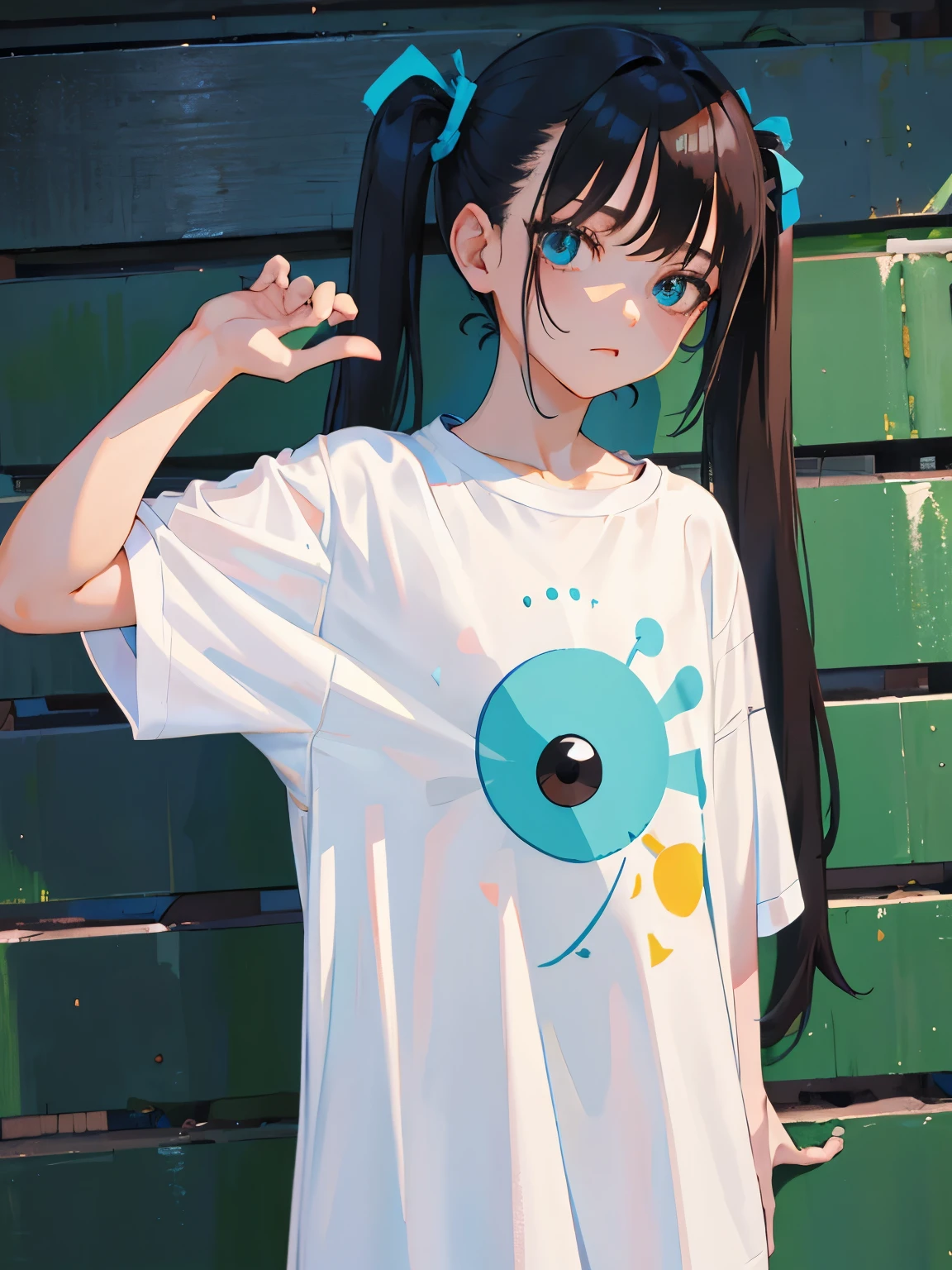 （​masterpiece，Highest Quality），(child)，((Long white T-shirt，Onepiece))，(A dark-haired，long twintail)，Turquoise eyes，sleepy expression，Delicate body