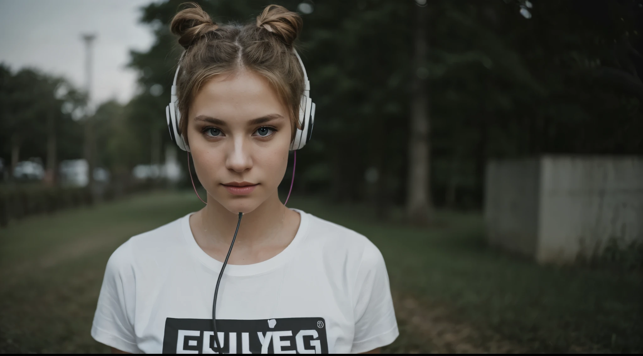an eye contact of a blond with bun hair and dark theme, wearing t-shirt, hearing music with headphones