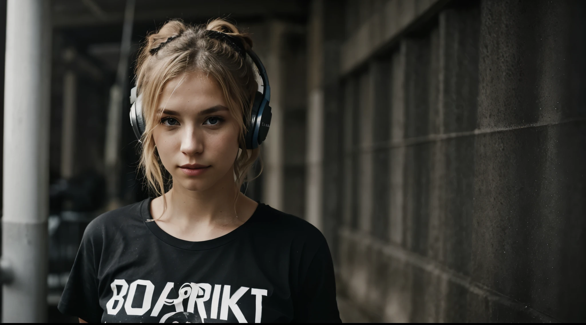 an eye contact of a blond with bun hair and dark theme, wearing t-shirt, hearing music with headphones