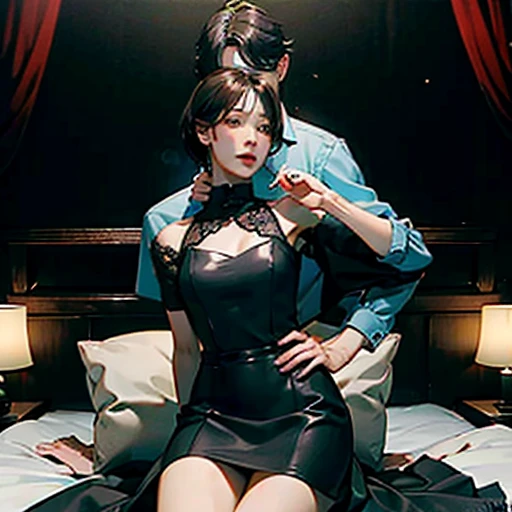 （A high resolution，tmasterpiece：1.2），full bodyesbian，((slender boy：0.7 ) in bed with demon mistress：1.8)，femdom：1.8，（（Dominating mistress，mistress on top，Mistress Dominating boy, mistress below boy helpless, mistress chocking neck boy, mistress leaning towards boy, mistress drinking wine:1.4, boy licking crotch mistress:1.8）：1.2）, mistress is a mature woman, ice blue pixie cut hair mistress:1.1 。（电影灯光）