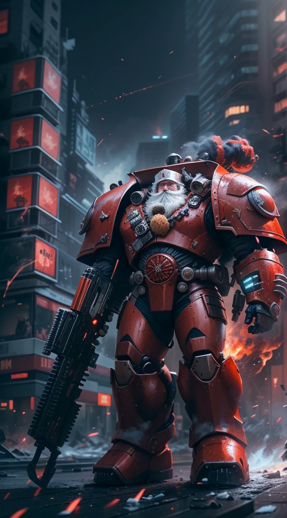 Warhammer 40K universe, cybernetic santa claus，Mechanical suit of red and gold armor，sparkly blue color eyes，Intense war-like environment，Destroyed buildings and flames，The background is a futuristic cityscape，Equipped with laser gun and shield，Radar and aiming integrated in Santa hat，severe and threatening atmosphere，Sci-fi cyberpunk aesthetics，High contrast and desaturated tones，Dramatic and dynamic lighting effec quality,4k,highres,masterpiece:1.2),ultra-detailed,(realistic,photorealistic,photo-realistic:1.37)