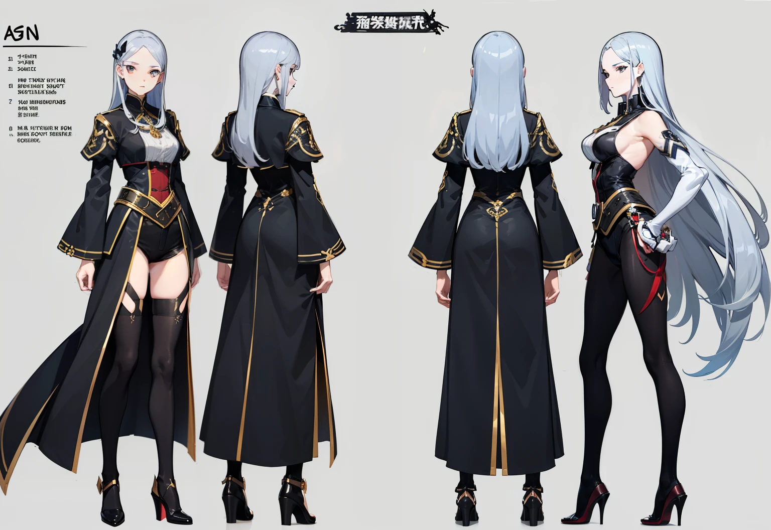 1woman, single, asian woman, reference sheet, character design, front angle, side angle, rear angle, dynamic poses, tall woman, (masterpiece:1.2), (best quality:1.irate outfit, slender body, athletic body. (Black eyes), (long hair), (long bangs), (silver hair), (pale skin), (reference sheet:1.5)