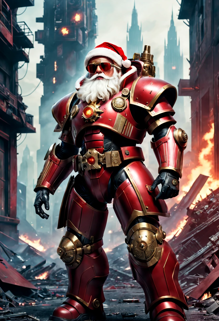 Warhammer 40K universe,santa claus,Mechanical suit of red and gold armor,sparkly red color sunglasses,Intense war-like environment,Destroyed buildings and flames,The background is a futuristic cityscape,Santa hat,severe and threatening atmosphere,Sci-fi cyberpunk aesthetics,High contrast and desaturated tones,Dramatic and dynamic lighting effec quality,4k,highres,masterpiece:1.2),ultra-detailed,(realistic,photorealistic,photo-realistic:1.37)