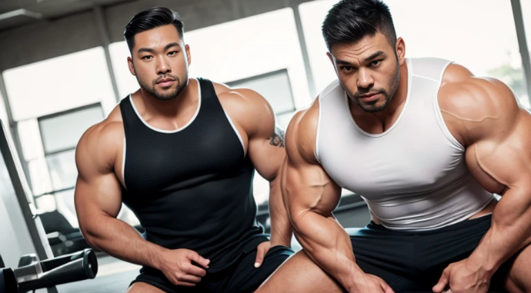 (Very detailed 8k wallpaper), two asian men, muscle worship, arms folded, At the gym, high detailing, buzzcut, very large and strong body, bulging muscles, well-muscled, very large pectoral muscles. Very sexy abs, legs are well-muscledの, Toned figure, lightens oily skin, well-muscledの, Tank top, T-shirt, longshot, Wide Shot