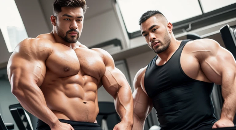 (Very detailed 8k wallpaper), two asian men, muscle worship, arms folded, At the gym, high detailing, buzzcut, very large and strong body, bulging muscles, well-muscled, very large pectoral muscles. Very sexy abs, legs are well-muscledの, Toned figure, lightens oily skin, well-muscledの, Tank top, T-shirt, longshot, Wide Shot