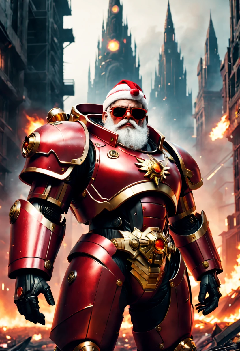 Warhammer 40K universe,santa claus,Mechanical suit of red and gold armor,sparkly red color sunglasses,Intense war-like environment,Destroyed buildings and flames,The background is a futuristic cityscape,Santa hat,severe and threatening atmosphere,Sci-fi cyberpunk aesthetics,High contrast and desaturated tones,Dramatic and dynamic lighting effec quality,4k,highres,masterpiece:1.2),ultra-detailed,(realistic,photorealistic,photo-realistic:1.37)