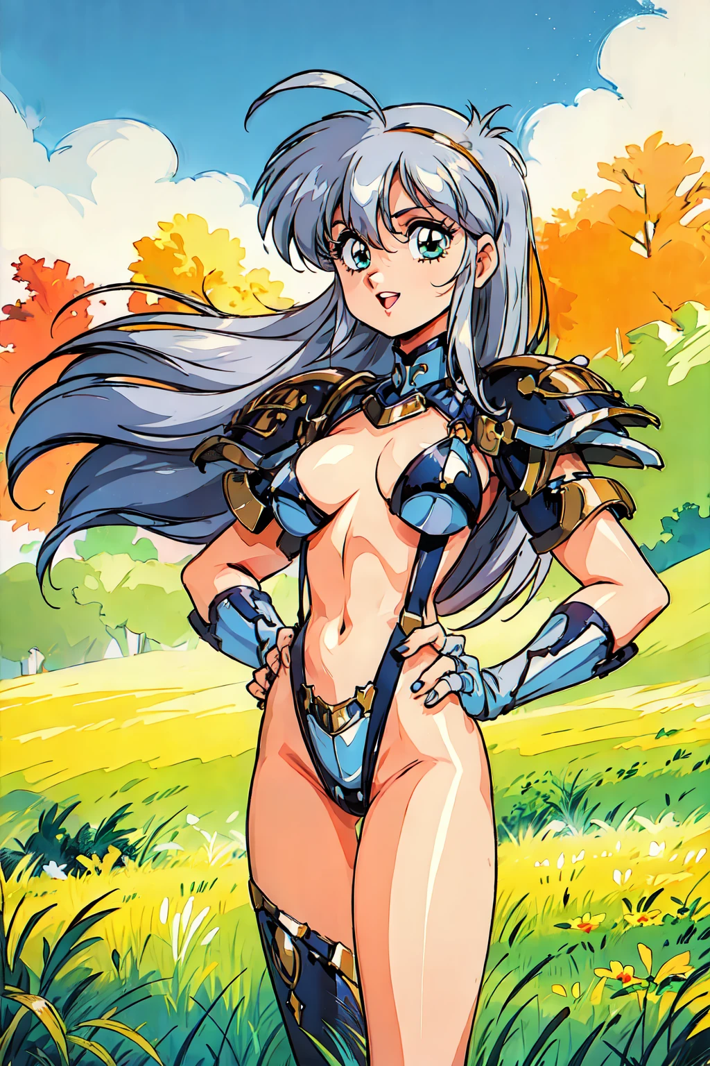 "(masterpiece:1.1), best quality,
1girl, (traditional media 80s:1.4), (eyelashes:1.5), (loli:1.2),
(intricate high detailed body:1.2),
(silver hair:1.1), (hair between eyes:1.1), (short hair, twin bun:1.1),
red eyes,
(pale skin:1.2), (muscular body:1.1), (gigantic breasts:1.3),
(expressionless:1.2), open mouth,
(strapless bikini armor:1.2), (knight armor, armored boots:1.2),
(suspenders:1.1), (streaked hair:1.2), gauntlets,
standing, (dynamic pose, action pose, arms behind head:1.2),
(upper body, cowboy shot, looking at viewer:1.1),
(daytime, grassland, outdoors:1.1)"