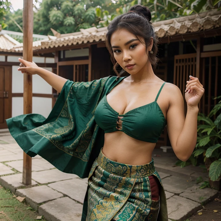 photo of a beautiful Indonesian woman with a traditional dancer style, adorable beautiful face with flawless make-up, hair in a bun style, wearing a dark green buister with a batik skirt and slingback decoration, Big breasts, Dancing in the yard