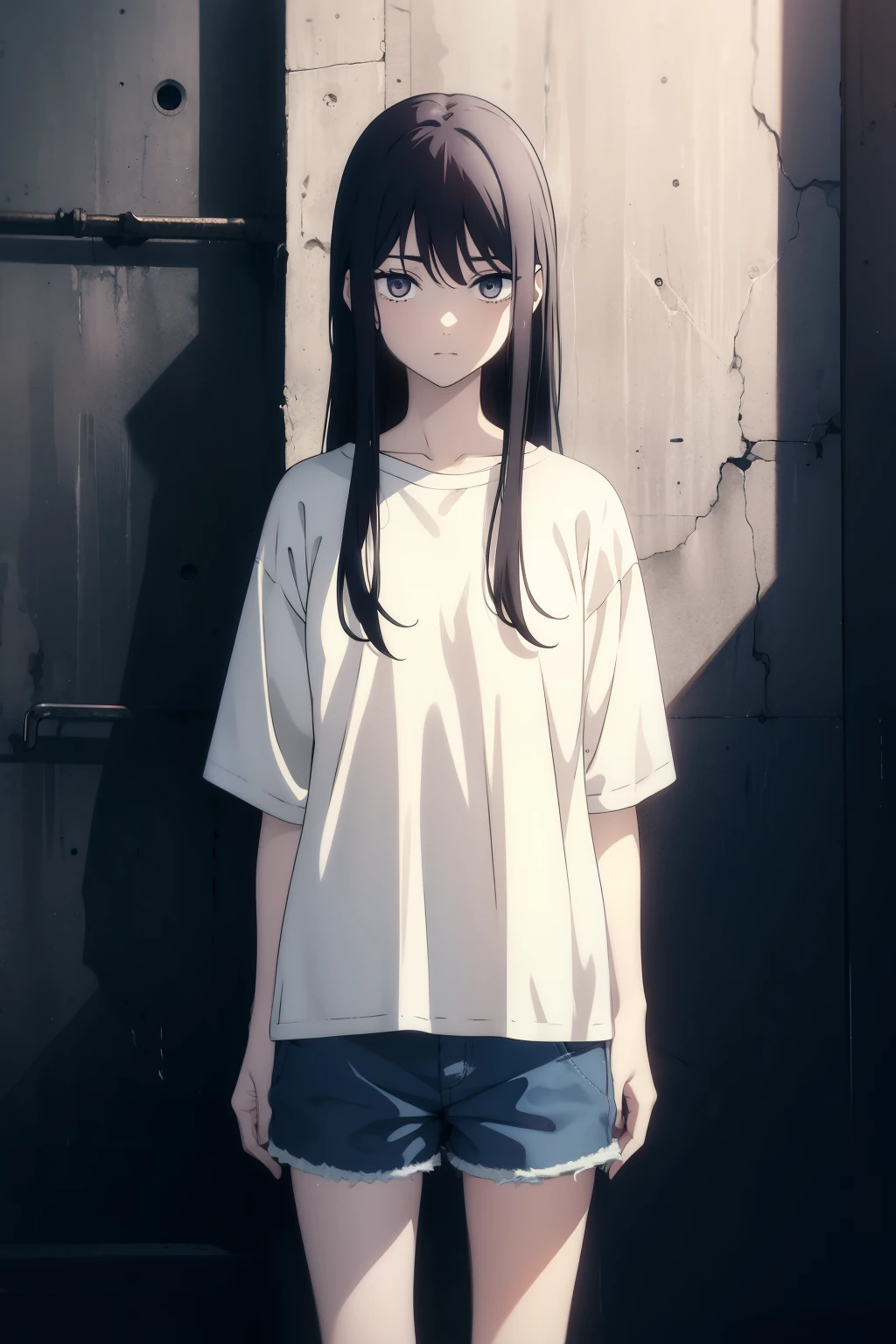 1girl, standing, (baggy white t-shirt, loose fitting blue shorts, long back hair, long dark black hair, pale skin