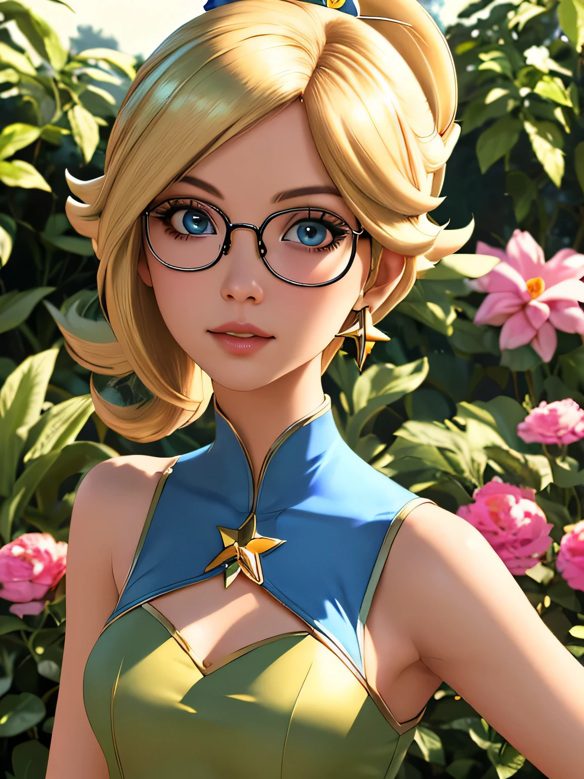 high detail, high resolution, bestquality, masterpiece, (rosalina fused with purah), glasses, sexy clothes, sexy, highly detailed clothes, garden background, (perfect anatomy:1.2), beautiful face, perfect face, detail eyes, half body photo, ultra detailed eyes