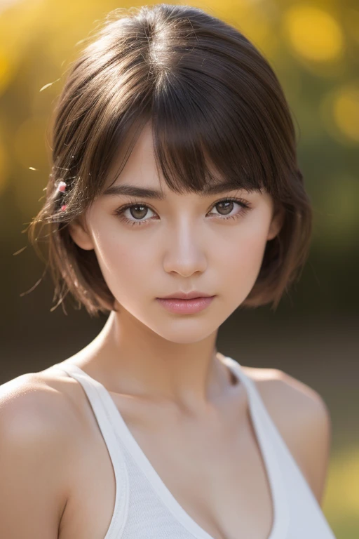 PM, (Tank tops:1), Light brown fringe shorthair, bright brown eyes, 1girl in, 20yr old, innocence, (Photorealsitic), (intricate-detail:1.2),(masterpiece, :1.3),(top-quality:1.4), (超A high resolution:1.2), 超A high resolution, (A detailed eye), (detailed facial features), HDR, 8K分辨率, (lensflare:0.7), Looks Back, Busy with inspection reports, Face Viewer