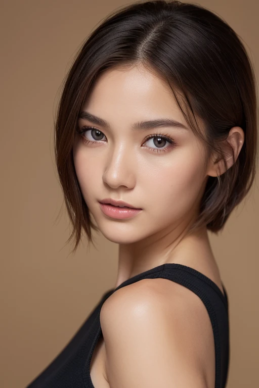 PM, (Tank tops:1), Light brown fringe shorthair, bright brown eyes, 1girl in, 20yr old, innocence, (Photorealsitic), (intricate-detail:1.2),(​masterpiece, :1.3),(top-quality:1.4), (超A high resolution:1.2), 超A high resolution, (A detailed eye), (detailed facial features), HDR, 8K分辨率, (lensflare:0.7), Looks Back, Busy with inspection reports, Face Viewer