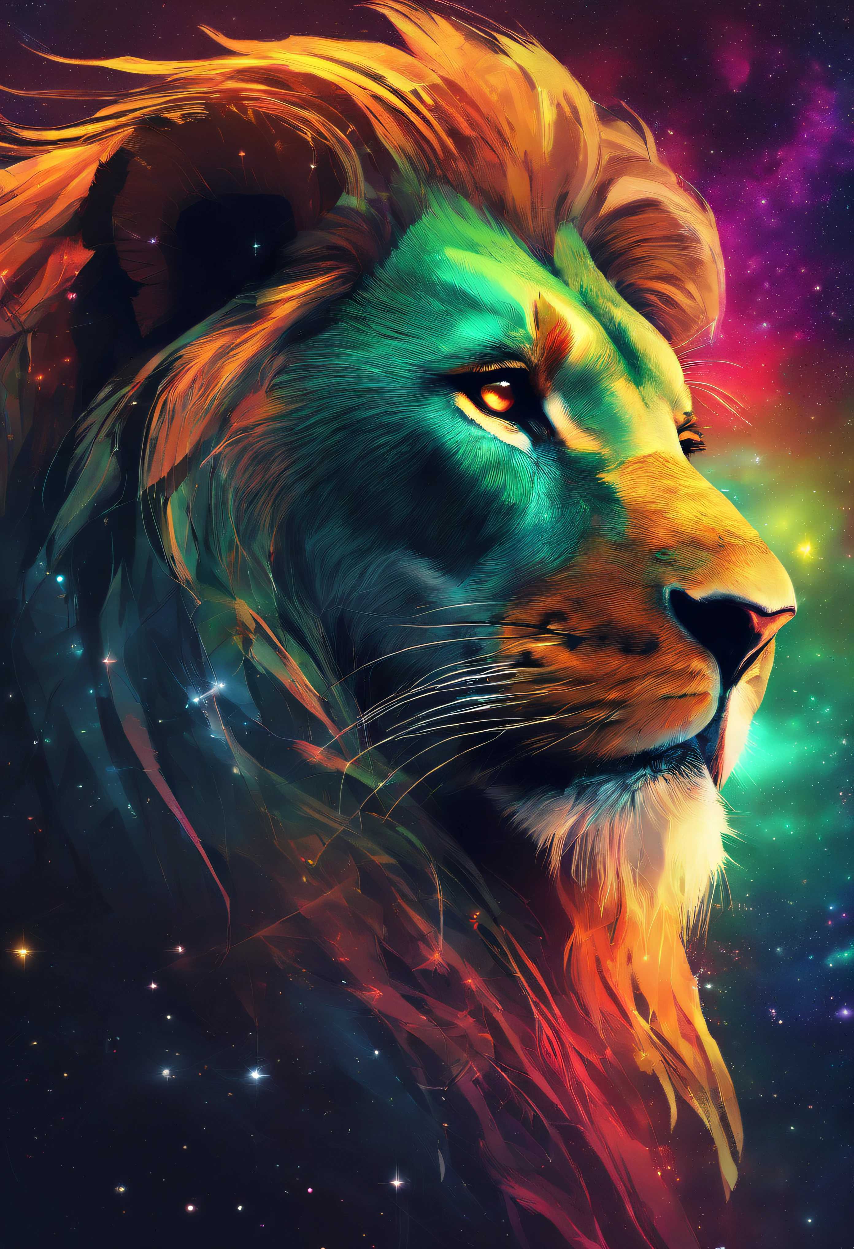 dreamlike art, galaxy, outer space, nebula, estrela, (Rastafari cores, verde, vermelho e amarelo), Lion of the Stars with Dreadlocks(estrela:1.5),