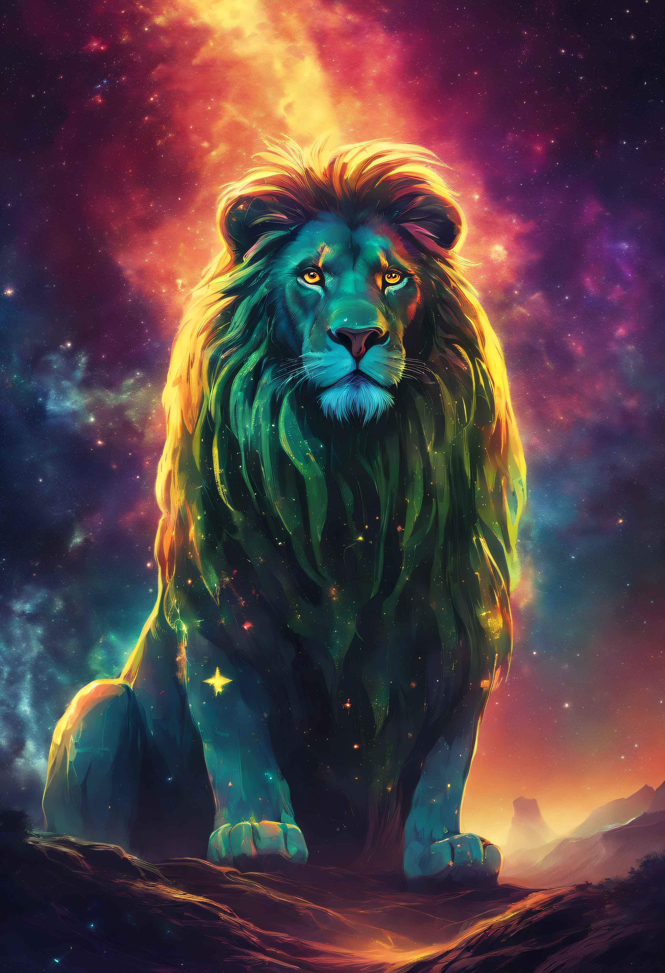 dreamlike art, galaxy, outer space, nebula, estrela, (Rastafari cores, verde, vermelho e amarelo), Lion of the Stars with Dreadlocks(estrela:1.5),