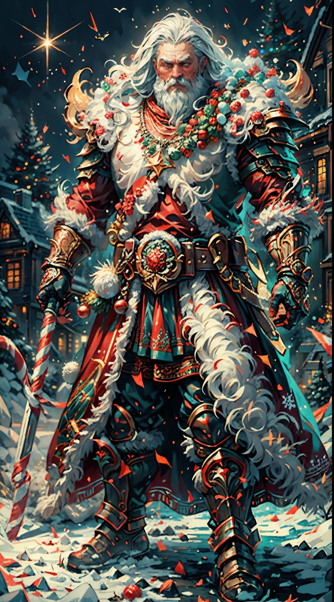 Santa Claus as the boss of the game "Dark Souls" in the Christmas DLC,best quality,4k,8k,highres,masterpiece:1.2,ultra-detailed,realistic:1.37,[HDR],[UHD],[studio lighting],extremely detailed face,beautiful detailed eyes,beautiful detailed lips,long eyelashes,[physically-based rendering],powerful physique,wearing a red and white armor suit with intricate designs,[imposing presence],holding a mighty candy cane [greatsword],surrounded by a snowy landscape,with large icicles hanging from the environment,casting a golden aura,[epic battle scene],intense fire and smoke effects,[vivid colorokeh],blue and white color scheme with hints of gold, dramatic lighting with warm highlights and cool shadows.