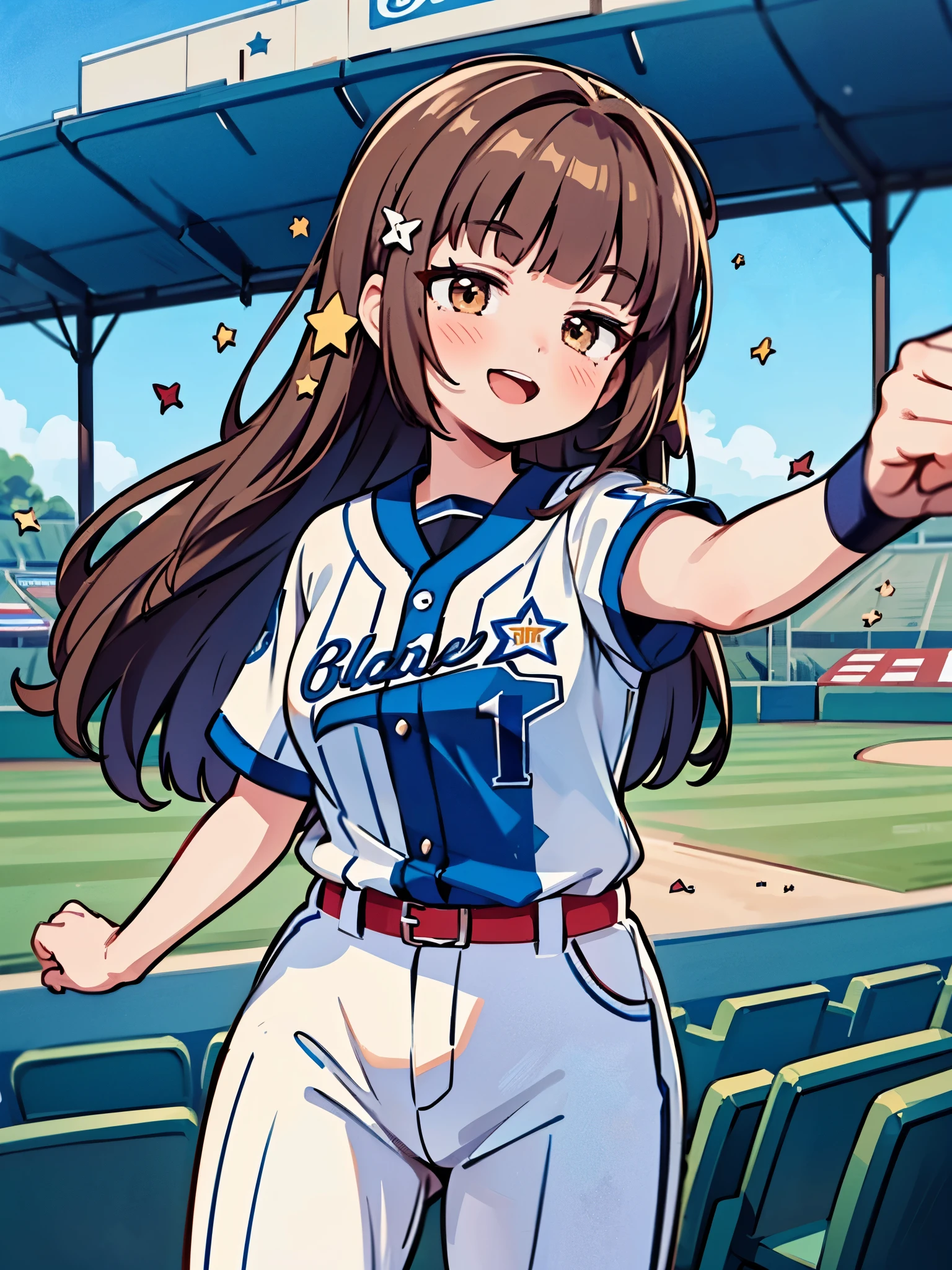 1girl, (solo),
((Blunt bangs)), brown hair, brown eyes, long straight hair, ((silver-star-hairpin on her right bang)), ((baseball uniform)), ((blue stripe uniform)), Left Wing Seats at the baseball stadium, with flag, cheering, full house, huge smile, (punch),
masutepiece, ultra-detailliert, best quality,