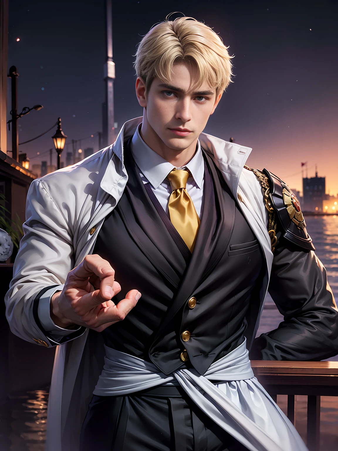 anime.Constantine the Great, Roman Emperor Constantine the Great resurrected in modern times。34 years old。one adult male。Long body。broad shoulder。thick neck。eyes like a lion。Bright and sharp eyes。Looking here。Sincere and kind。Kind and reliable。Deal with it sternly if necessary.。talented and hardworking businessman。successful gentleman。careerist。he is wearing a high quality white suit。dark purple tie。Light purple shirt。forceful。An overwhelming sense of control。romance novel hero。Bold composition。look up to。lyrical。Dramatic。heartful。Romantic。opulent。elegan。elegance。Venice background in the sunset。masterpiece。top-quality。Super beautiful。The ultra -The high-definition。detaileds。exquisite。