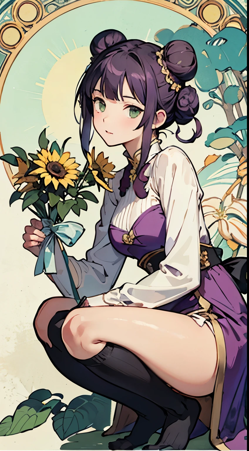 ((Best Quality)), (((masuter piece)))、Solo、Perfect face,(((Violet hair)))、faded green eyes、semi long hair、(((two bun hairstyle)))、Ahoge、(((Black knee socks)))、full bodyesbian、classic western costume、Sun flower accessories、瞳に☆の形の模様がある、Sun flower、((Mucha style background)),Decorative background、Background like a round window
