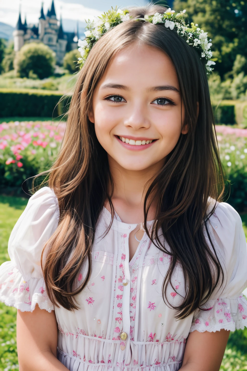 a beautiful Swedish cute girl (7 ), smiling (smile:1:1), detailed eyes, clear eyes (glitter eyes), detailed face without blurring, impossibly beautiful portrait, child, fairytale garden. flower garden. Piped castle in the background. surrounded by the beauty of nature. extremely realistic photo, beautiful and realistic faces, perfect detailed face, High Detail, Ultra Detail, 8K, Ultra High Resolution. Field depth. 4k, HDR. realistic photo. realistic details.