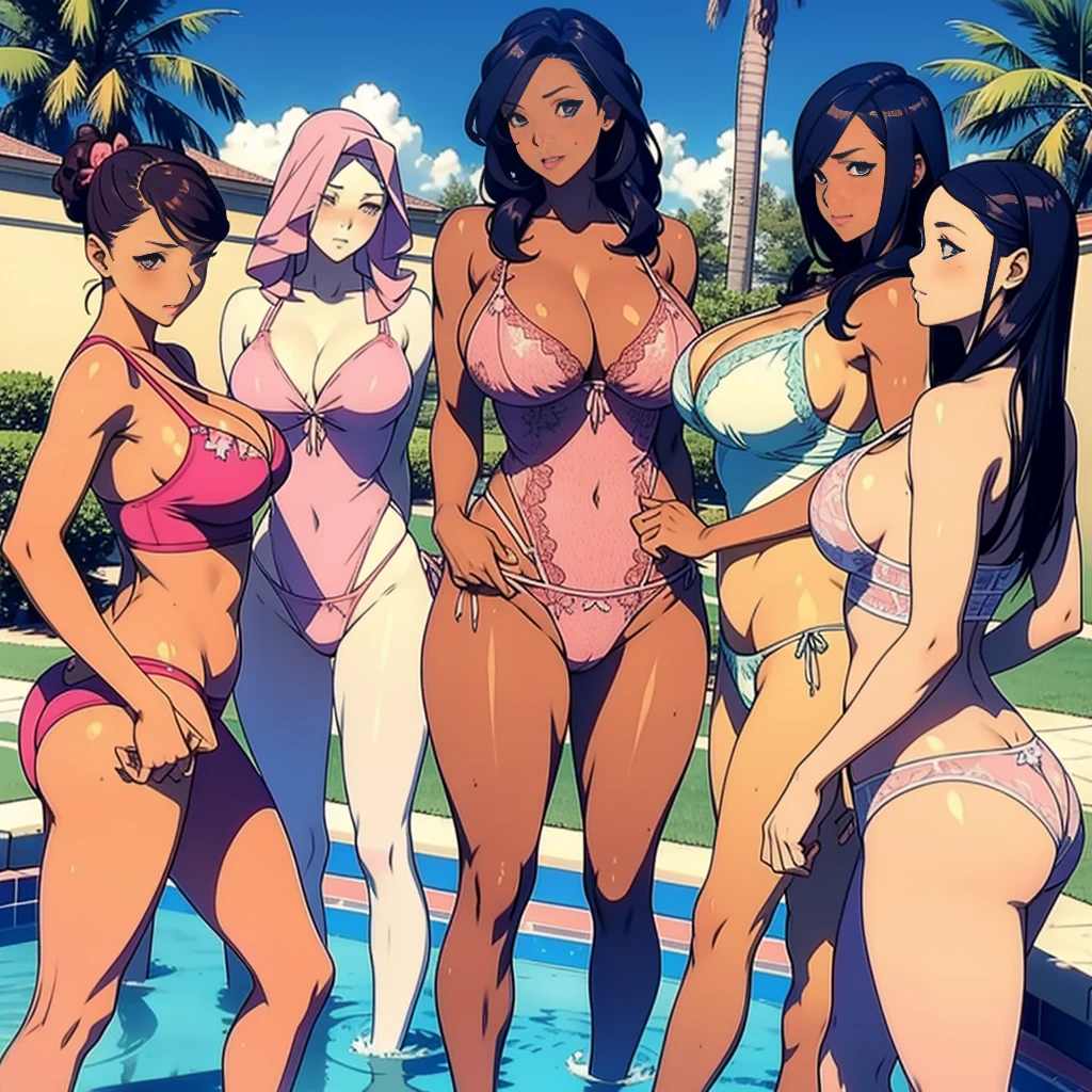 multiple thick body females at the pool daytime, all females wearing open center slit long dress panties exposed, females wearing pink lace pattern underwear