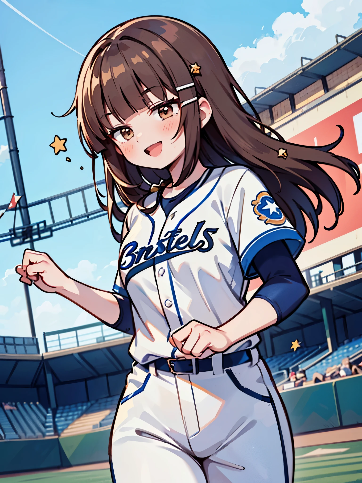 1girl, (solo), 
((Blunt bangs)), brown hair, brown eyes, long straight hair, ((silver-star-hairpin on her right bang)), ((baseball uniform)), ((blue stripe uniform)), Left Wing Seats at the baseball stadium, with flag, cheering, full house, huge smile, (punch),
masutepiece, ultra-detailliert, best quality,