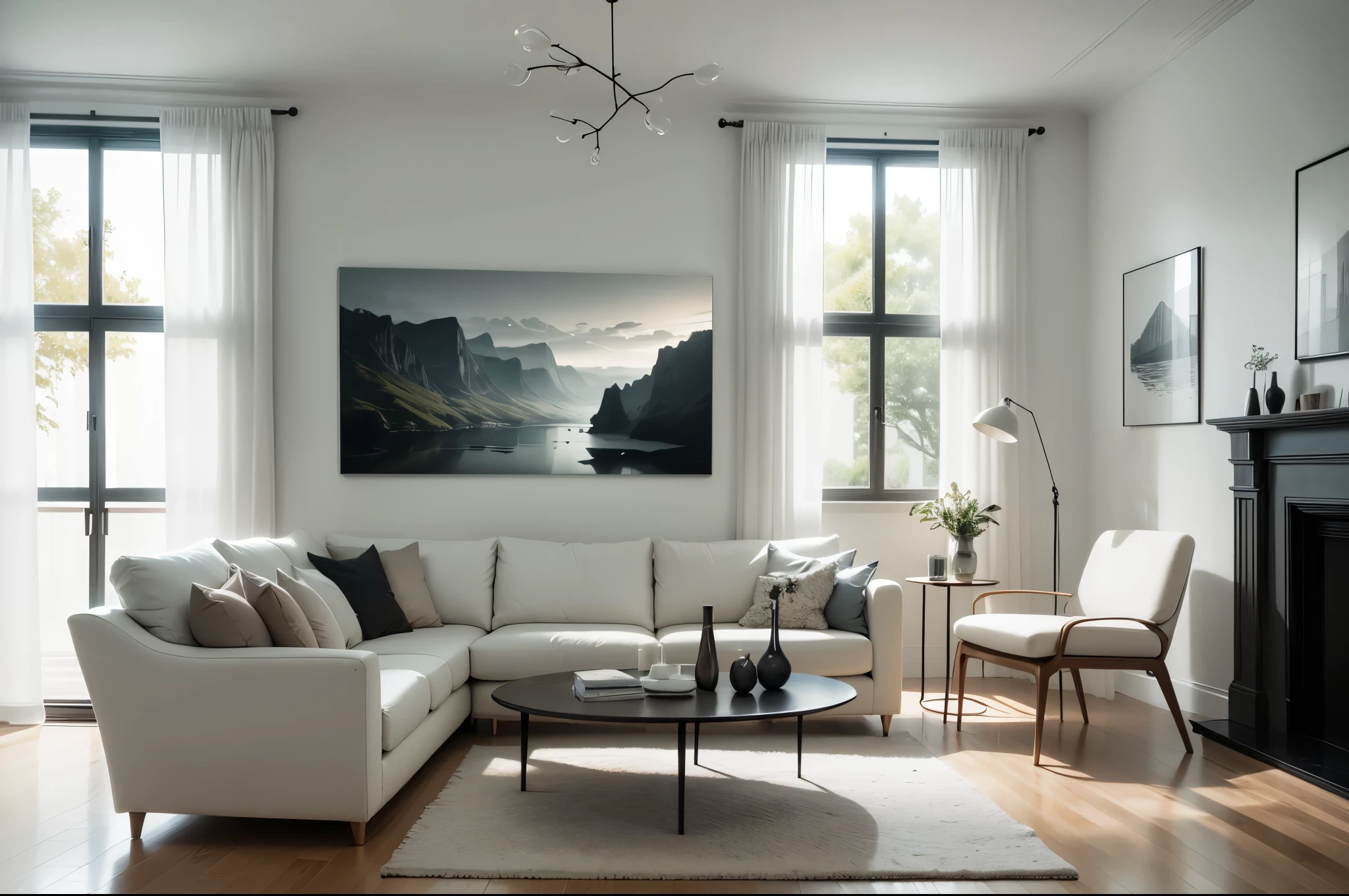very white minimalistic and modern living room, white furnitures, white sofa, white chairs, white table and one big artwork of a landscape on the main wall.