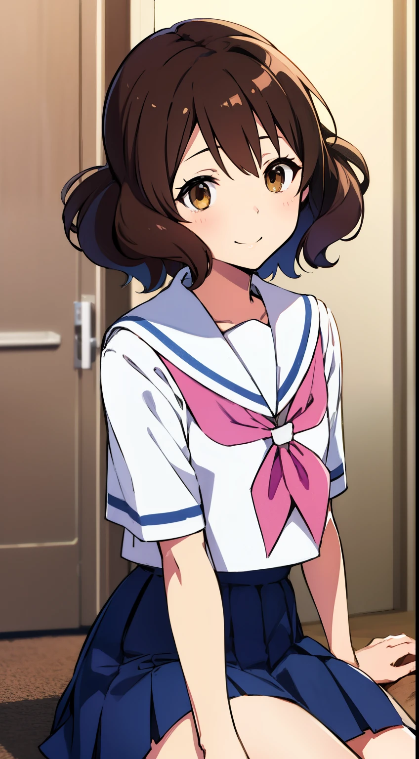 kumiko oumae, (Brown eyes:1.5), Brown hair, Short hair, Wavy Hair, 
BREAK blue Skirt, 手链, kitauji high School uniform, neckerchief, pink neckerchief, pleated Skirt, School uniform, serafuku, Shirt, Short sleeves, Skirt, white Shirt,
BREAK looking at viewer,
BREAK indoors, crass room,
BREAK (masutepiece:1.2), Best Quality, High resolution, Unity 8k壁纸, extra detailed face, Perfect Lighting, extremely details CG, (Perfect hands, Perfect Anatomy),A smile