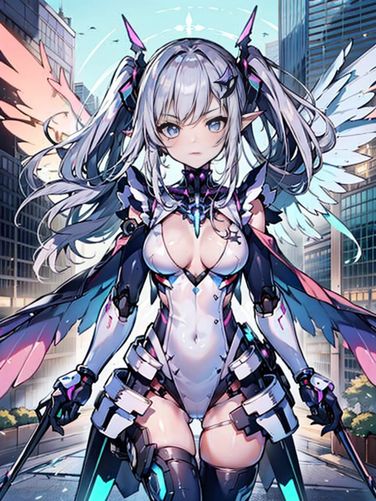 illustratio、((1girl in))、silber hair、length hair、Floating hair、、Cyber City、Neon building、(The upper part of the body:1.05)、extremely_Detailed_Eyes_And_Face,cybernetic wings mechanical wings、Random posture、Skyscraper、、Mechumusume、shrine maiden clothe,maid clothes、Random angles、anime styled,cowboy  shot