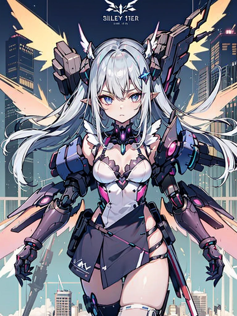 illustratio、((1girl in))、silber hair、length hair、Floating hair、、Cyber City、Neon building、(The upper part of the body:1.05)、extremely_Detailed_Eyes_And_Face,cybernetic wings mechanical wings、Random posture、Skyscraper、、Mechumusume、shrine maiden clothe,maid clothes、Random angles、anime styled,cowboy  shot