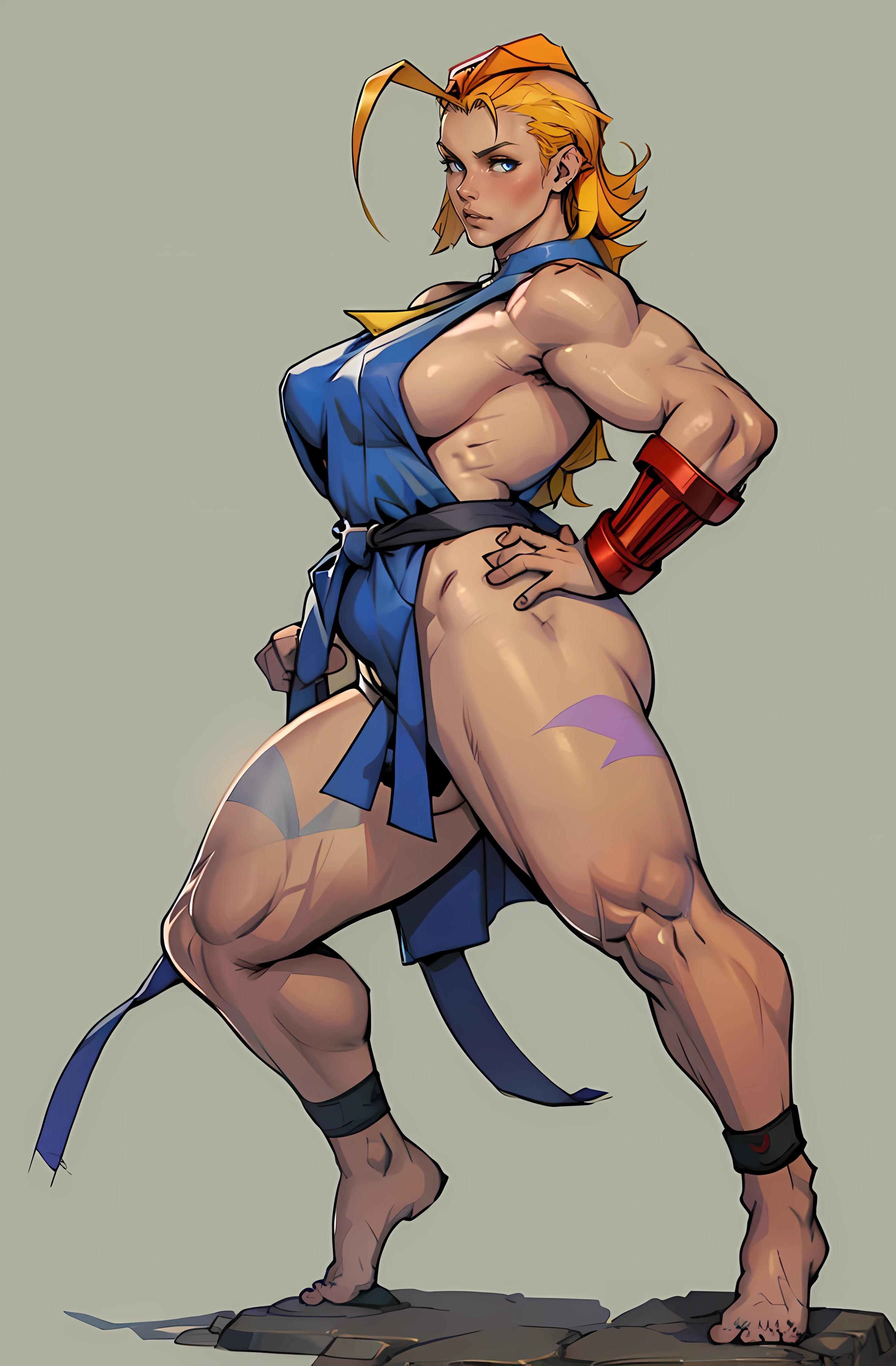 jim lee
street fighter, 1girl, cammy white, (thick thighs), (slightly chubby), martial arts gi, makeup, earrings, direct look, solid background, full body,
((masterpiece))
