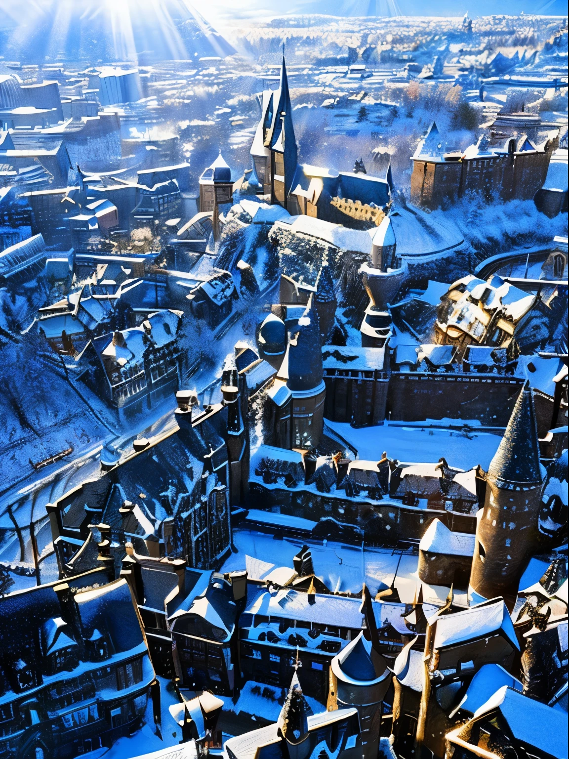 Snowy Harry Potter townscape, pure white, light shining through, sparkling, high resolution