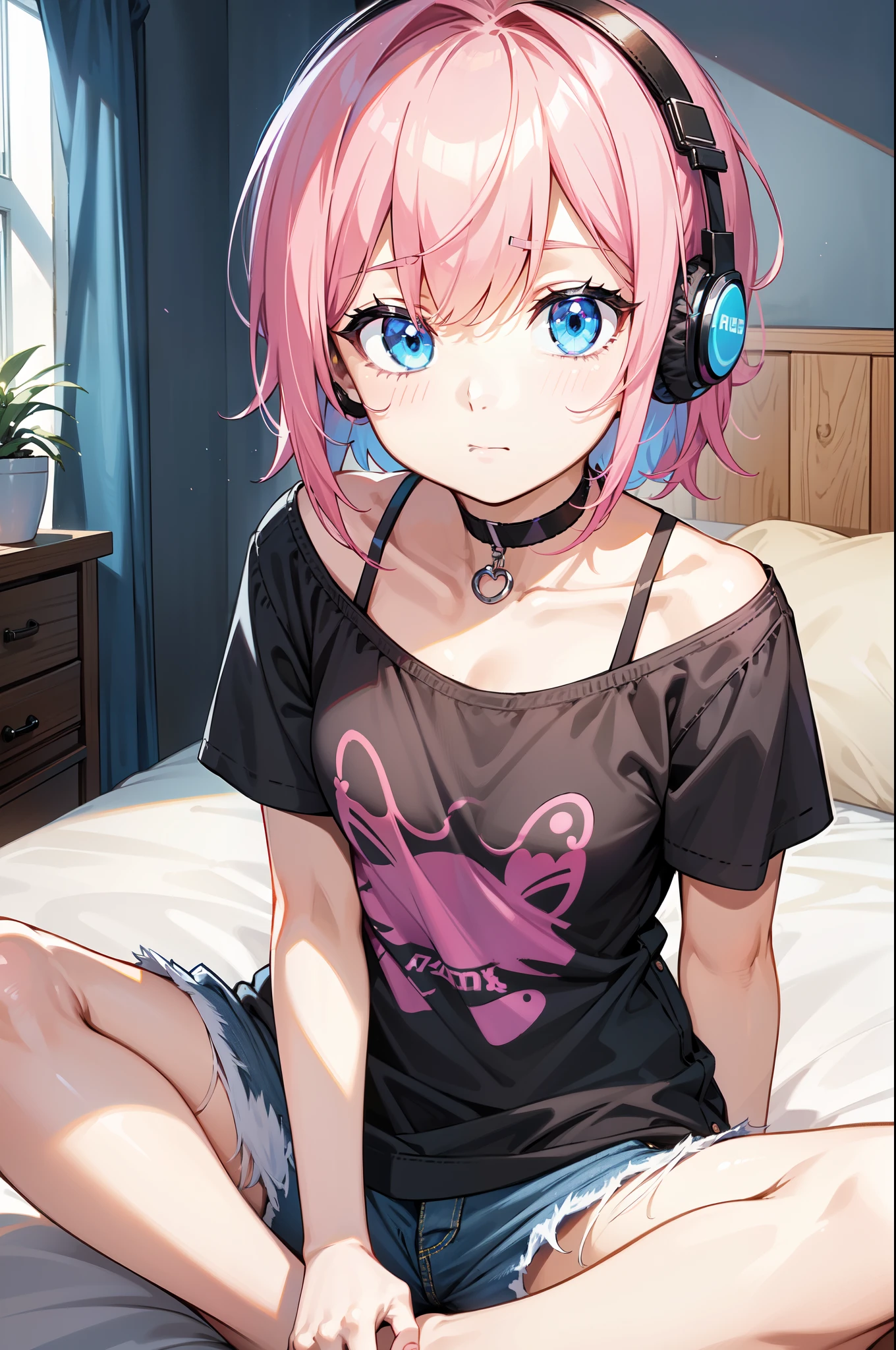 cat ear,teens girl,high qulity,Wearing a collar,Half of the shoulders are exposed