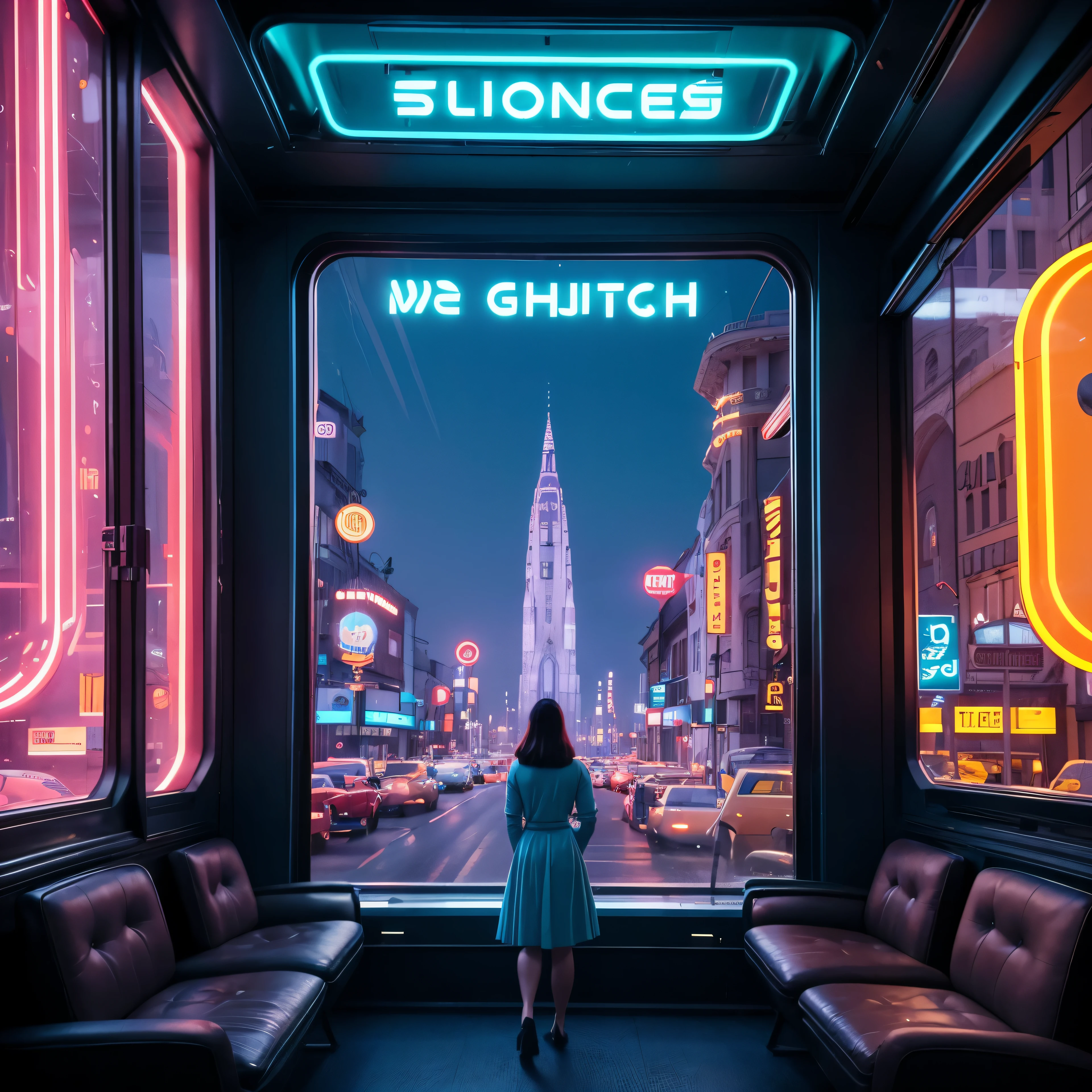 4k image from a 1960s science fiction film by Wes Anderson, Filme O Grande Hotel Budapeste, pastels colors, a retro window design, seen from inside a room from the inside out, an big city neon colors through a window, big city retro futuristic neon, blade runner style, Retro-futuristic , Luz Natural, futurista estranho, retro-futurista, photo-realistic, Sharp background details.