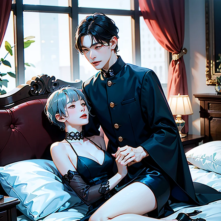 （A high resolution，tmasterpiece：1.2），full bodyesbian，(slender boy：0.7 ) in bed with succubus mistress：1.8，femdom：1.8，（（Dominating mistress，mistress on top，Mistress Dominating boy, mistress on top boy, mistress chocking neck boy, mistress hung over boy, boy touching crotch mistress:1.8）：1.2）, (mistress mature breasts:1.2, mistress big breasts:0.8, ice blue pixie cut hair mistress) 。（电影灯光）