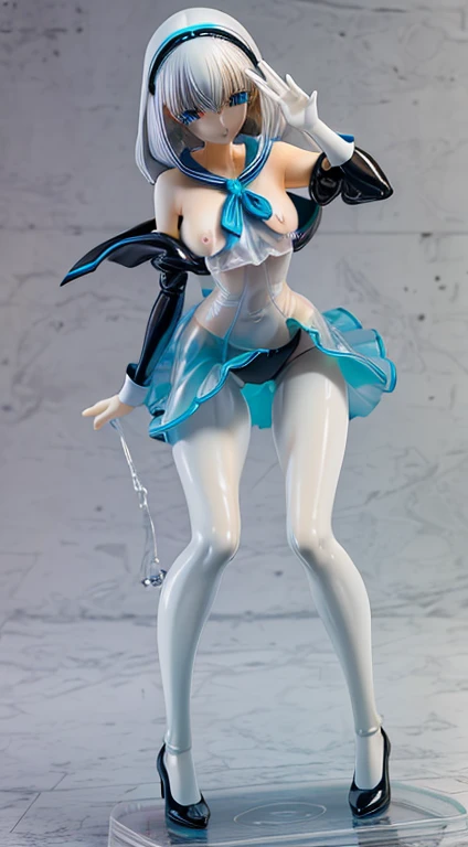 Real perfect view,shiny revoltech,Crying face,plastic model woman, Slender big,Put out the nipples,Silvery hair,Wet skin,thin waist,Light blue see-through vinyl off-the-shoulder sailor,White see-through mini skirt,sitting on,depth of fields,Inside the shelf of convenience store products,