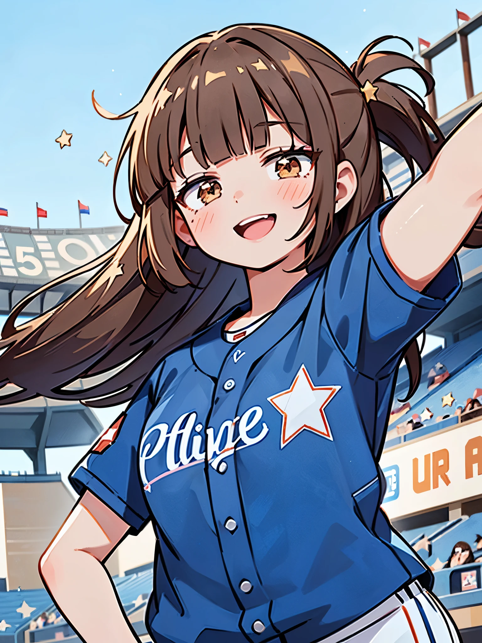 1girl, (solo), 
((Blunt bangs)), brown hair, brown eyes, long straight hair, ((silver-star-hairpin on her right bang)), ((baseball uniform)), ((blue stripe uniform)), Left Wing Seats at the baseball stadium, with flag, cheering, full house, huge smile, (punch),
masutepiece, ultra-detailliert, best quality,