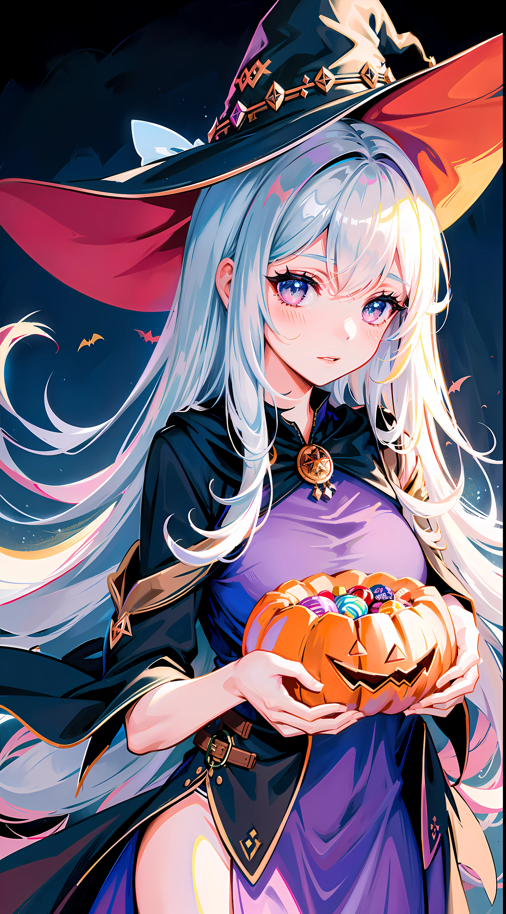 beuaty girl, Zero art, Popular topics on artstation pixiv, ((a witch's hat)), ((fantasy witch flowy dress)), tmasterpiece, Best quality at best, Nice face, The eyes are bright, Celestial dark background, halloween colors, Colorful candy, magia