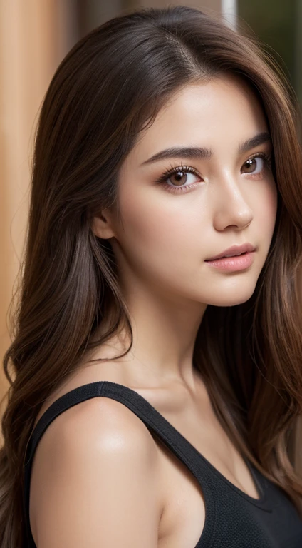 PM, (Tank tops:1), light brown semi-long hair,, bright brown eyes, 1girl in, 20yr old, innocence, (Photorealsitic), (intricate-detail:1.2),(masterpiece, :1.3),(top-quality:1.4), (超A high resolution:1.2), 超A high resolution, (A detailed eye), (detailed facial features), HDR, 8K分辨率, (lensflare:0.7), Looks Back, Busy with inspection reports, Face Viewer,full bodyesbian,Beautiful breasts