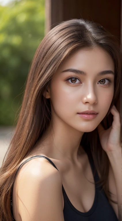 PM, (Tank tops:1), light brown semi-long hair,, bright brown eyes, 1girl in, 20yr old, innocence, (Photorealsitic), (intricate-detail:1.2),(​masterpiece, :1.3),(top-quality:1.4), (超A high resolution:1.2), 超A high resolution, (A detailed eye), (detailed facial features), HDR, 8K分辨率, (lensflare:0.7), Looks Back, Busy with inspection reports, Face Viewer,full bodyesbian,Beautiful breasts
