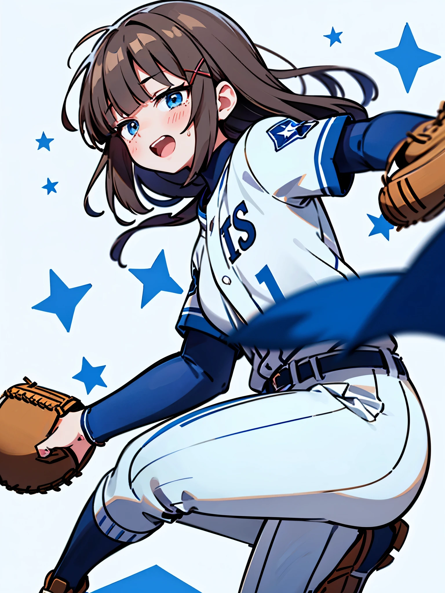 1girl, (solo),
((Blunt bangs)), brown hair, brown eyes, long straight hair, ((silver-star-hairpin on her right bang)), ((baseball uniform)), ((blue stripe uniform)), simple white background, full body, ((X eyes)), open mouth, (punch), laugh, jump, sweat,
masutepiece, ultra-detailliert, best quality, 4K, 8K,