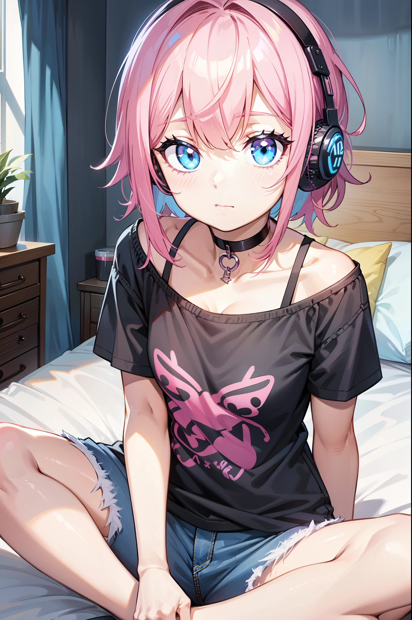 1 girl, solo, blue eyes, headphones, shirt, choker, denim, pants, pink hair, looking at viewer, sitting, medium hair, indoors, jeans, T-shirt, black choker, bed, black shirt, short sleeves, printed shirt, on bed, ripped jeans, bedroom, parted hair, parted bangs, V-arms