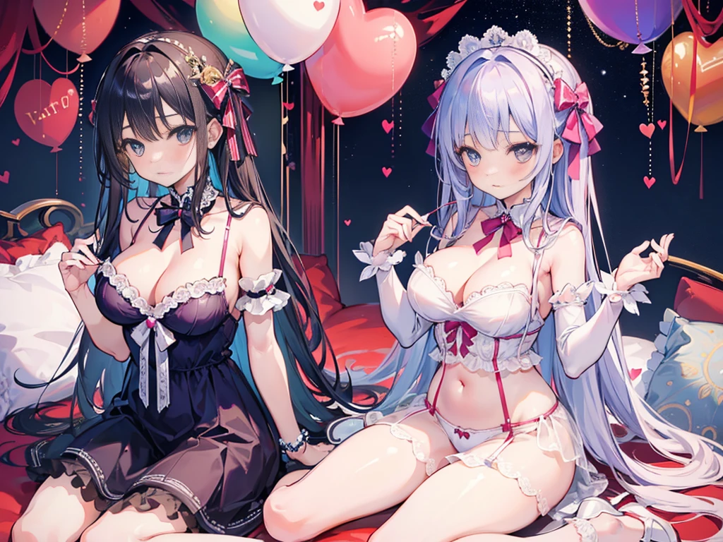 high quality, masterpiece, ultra-detailed, 2 girls, peaceful expression, beautiful and cute, shiny skin, long hair, enchanting eyes, ridiculously large breasts, sitting on bed, yuri, Valentine's Day balloons, lingerie, frills, bows