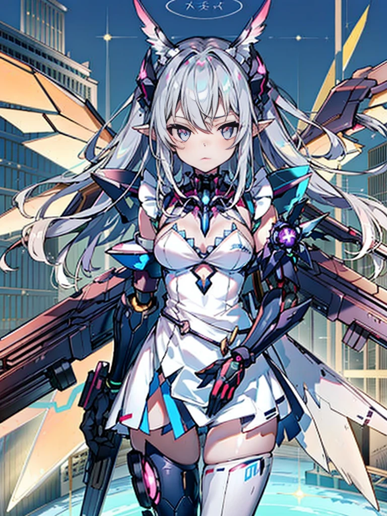illustratio、((1girl in))、silber hair、length hair、Floating hair、、Cyber City、Neon building、(The upper part of the body:1.05)、extremely_Detailed_Eyes_And_Face,cybernetic wings mechanical wings、Random posture、Skyscraper、、Mechumusume、shrine maiden clothe,maid clothes、Random angles、anime styled,cowboy  shot