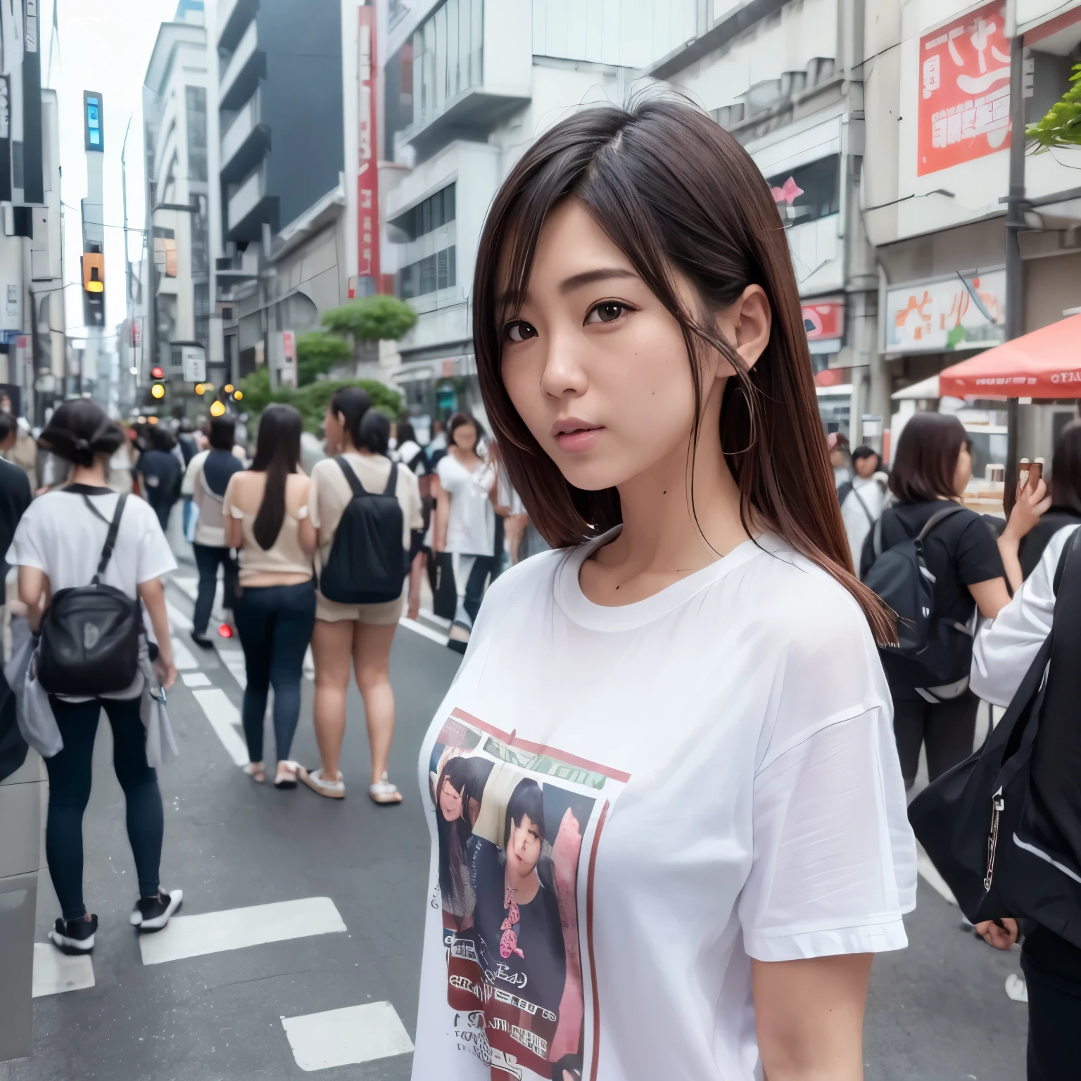 master part, best quality, 8k, Photographic reality, Realistic, octane rendering, Japan's busy urban streets (1 mulher: 1.4), (Apenas uma mulher na tela: 1.3), (camisa branca), (longos cabelos dourados), (Saia enrolada no quadril), (olhos azuis) Upper body display