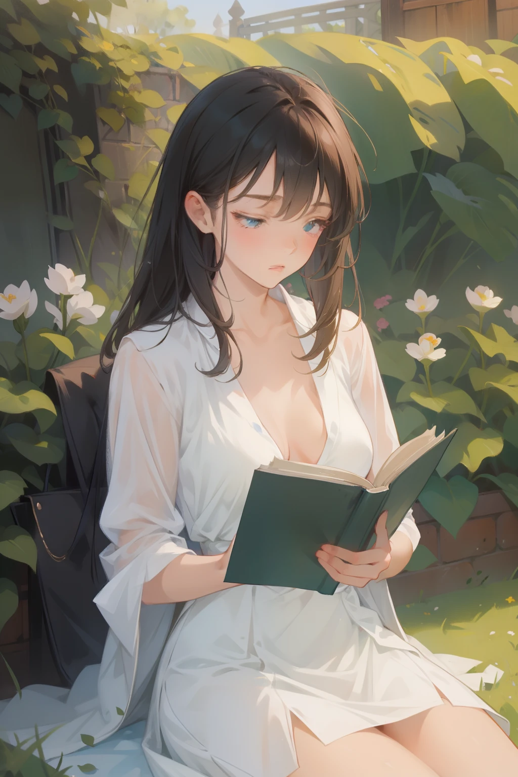 (masterpiece), (best quality), 1girl, 20 years old, deep V dress, sexy, sitting, reading book, in the garden, spring, flowers, windy