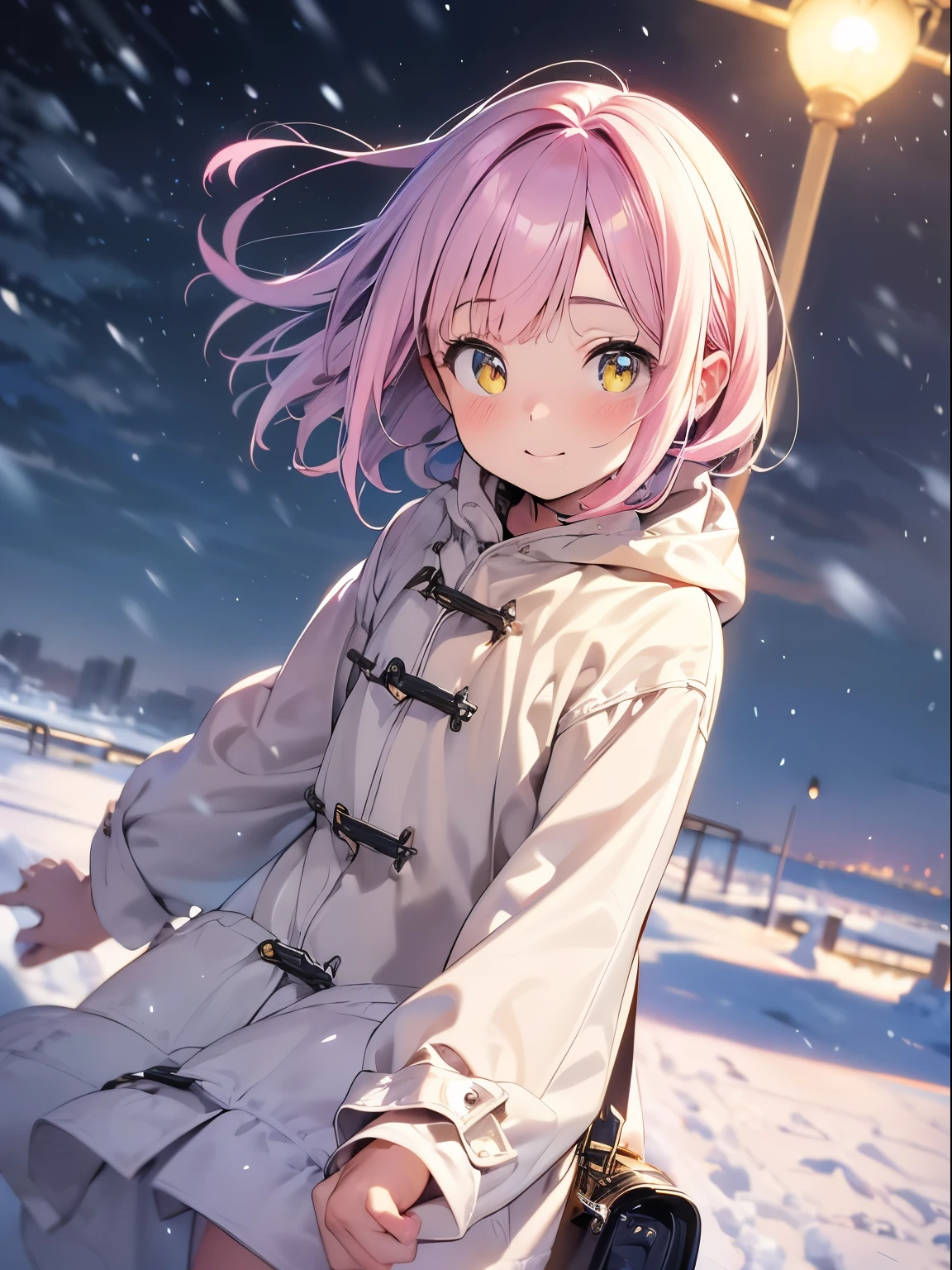 wearing a coat. high-level image quality、Manhattan, New York, (gradation hair, Dutch angle:1.3), ((Yellow eyes))、 Pink Short Bob、Bangs at the top of the eyebrows、short bangs、Dark Tone、A slight smil, Vibrant colors、Delicate drawing、film grains, chromatic abberation, 城市, masterpiece, top-quality, Raw foto, Photorealsitic, absurderes, 1girl in, cute little, Near and far law, cowboy shot, hight resolution, ultra-detailliert, Eyes and faces with detailed, Sharp pupils, Realistic pupils, foco nítido,((snowy winter night)),