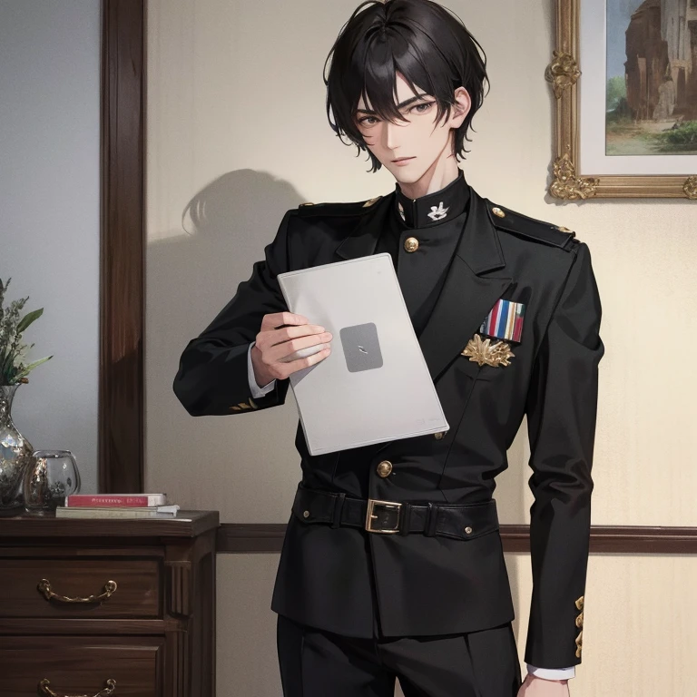 (Top resolution, Distinct_image) Best Quality, A Man, masutepiece, Highly detailed, Semi-realistic, short Black hair, Black hair, Bangs, 18 years old, Mature, 年轻, Tall and strong, Black clothes, Black uniform, Suit, Interior background, Cold, Serious,